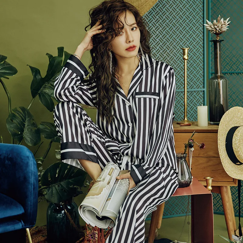 

Шелковая пижама с избыточным шелком Silka, весенне-Летняя женская пижама с длинным рукавом, атласная пижама в полоску, женская пижама