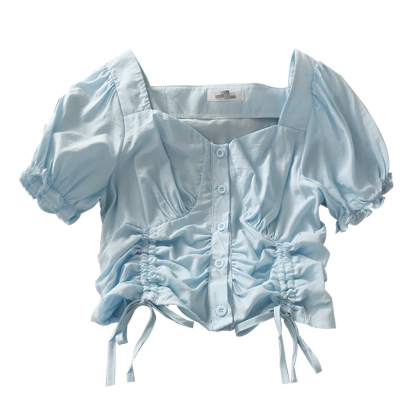

Women Fashion Outdoor Drawstring Pleated Navel Crop Casual Blouse Ladies OL Sweet Top Girls Student Elegant Daily Basic Shirts
