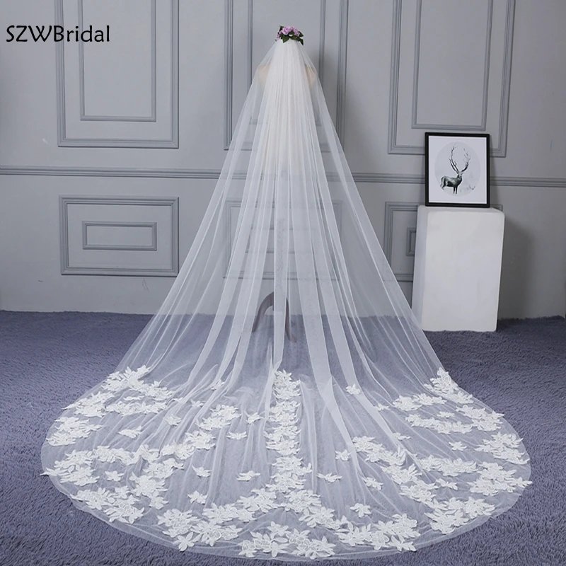 

New arrival Ivory Lace Appliques voile de mariee wedding accessories Bridal veil Welon voile mariage cathedral wedding veil