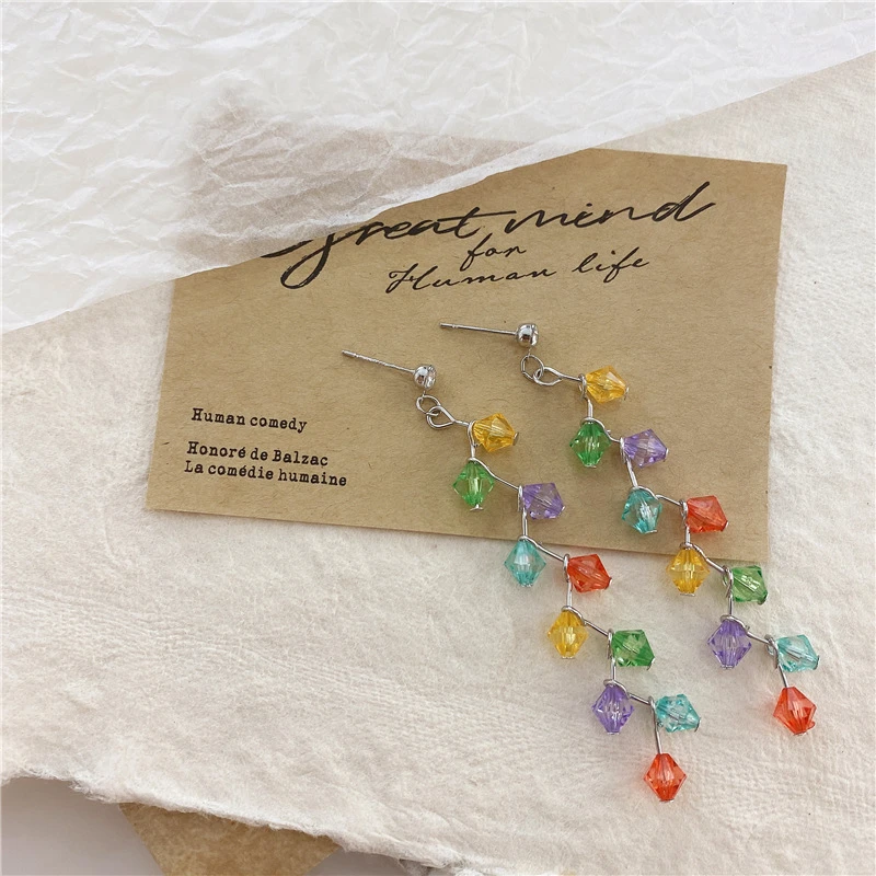 

Korean retro color earrings handmade beaded earrings long transparent drop earrings for woman aesthetic accessorie