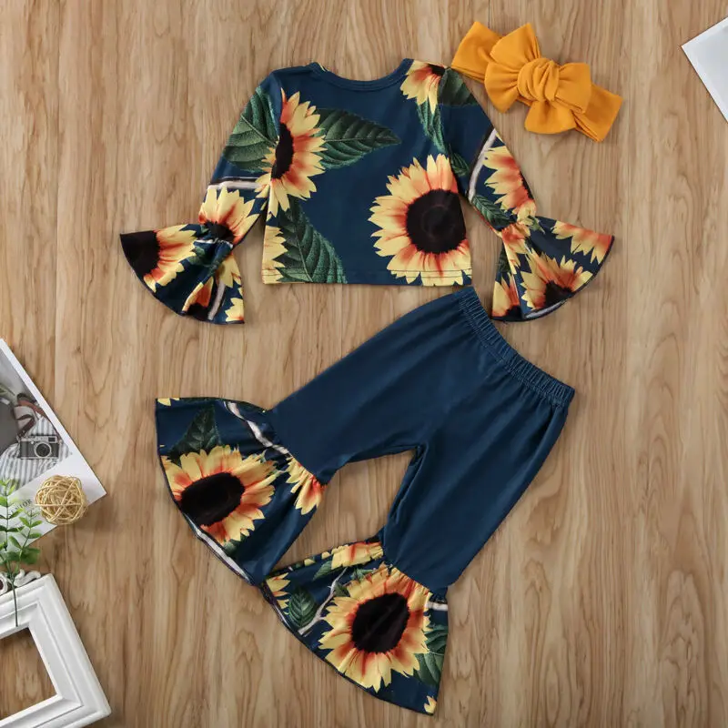 

2019 Kids Baby Girl Sunflower print clothes set Flared long sleeve Tops+Ruffle Pants Leggings headband 3Pcs Outfit Clothes