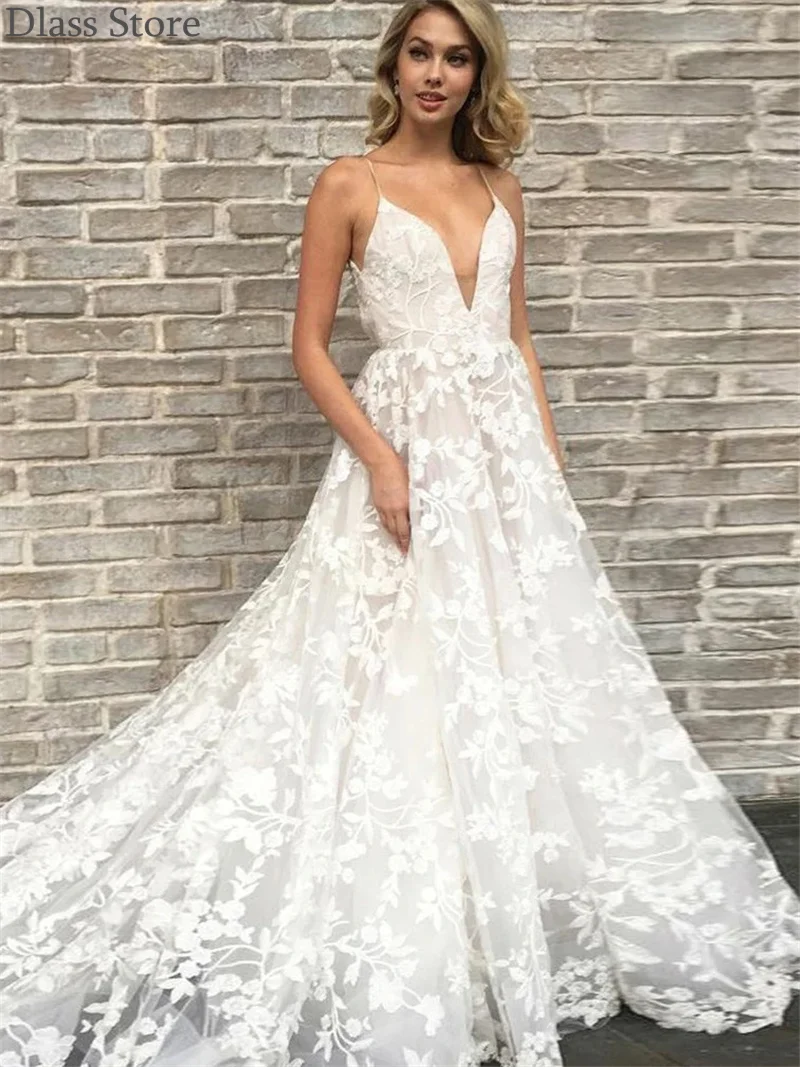 

Ivory Prom Dress A-line Tulle Lace Spaghetti Strap Pocket Sweep Train Applique Backless Evening Dress For Wedding فساتين السهرة