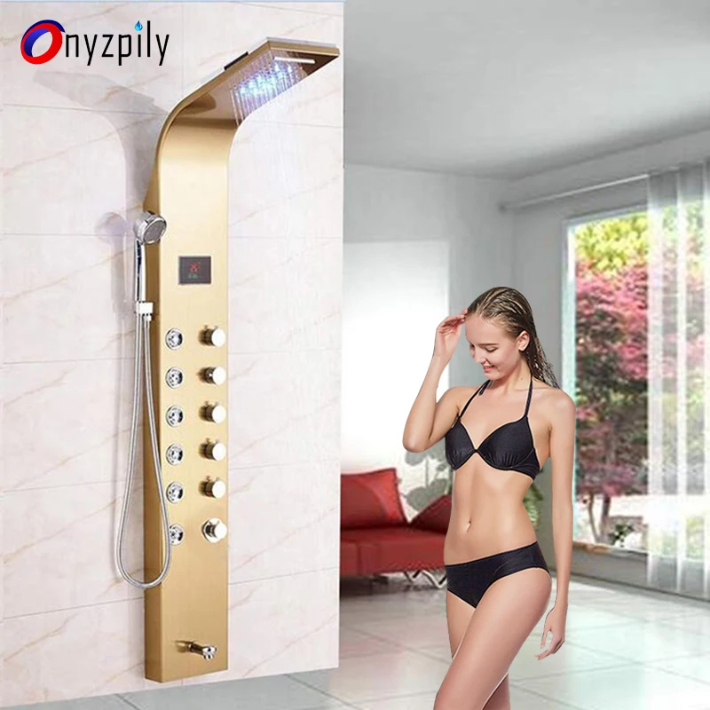 Onyzpily душевая панель Золотой душевой набор с цифровые со светодиодом температура