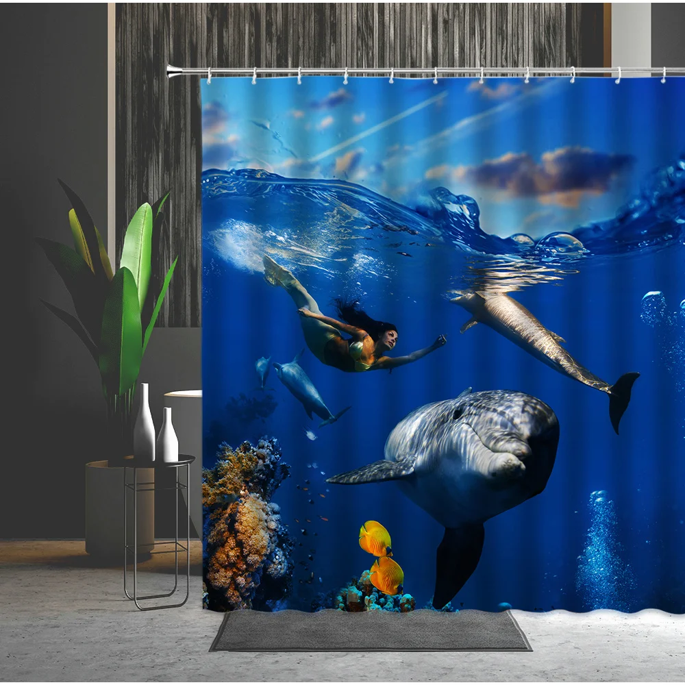 

Sunlight Ocean Sea Animal Dolphin Fish Waterproof Shower Curtain Bathroom Curtains Sea Scenery Bath Screen Bathroom Decor