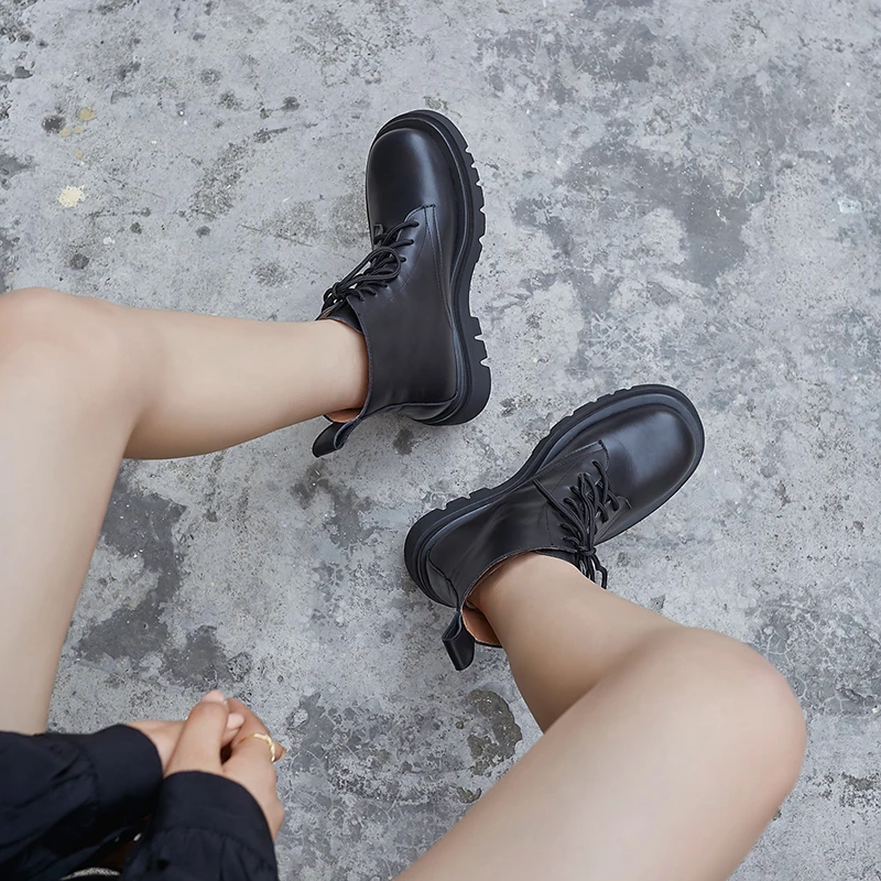 Harga Sepatu Bot Pergelangan Kaki Kulit Asli Wanita 2021 Sepatu Bot Hangat Musim Dingin Pendek Wanita Sepatu Hak Platform Sepatu Bertali Untuk Wanita