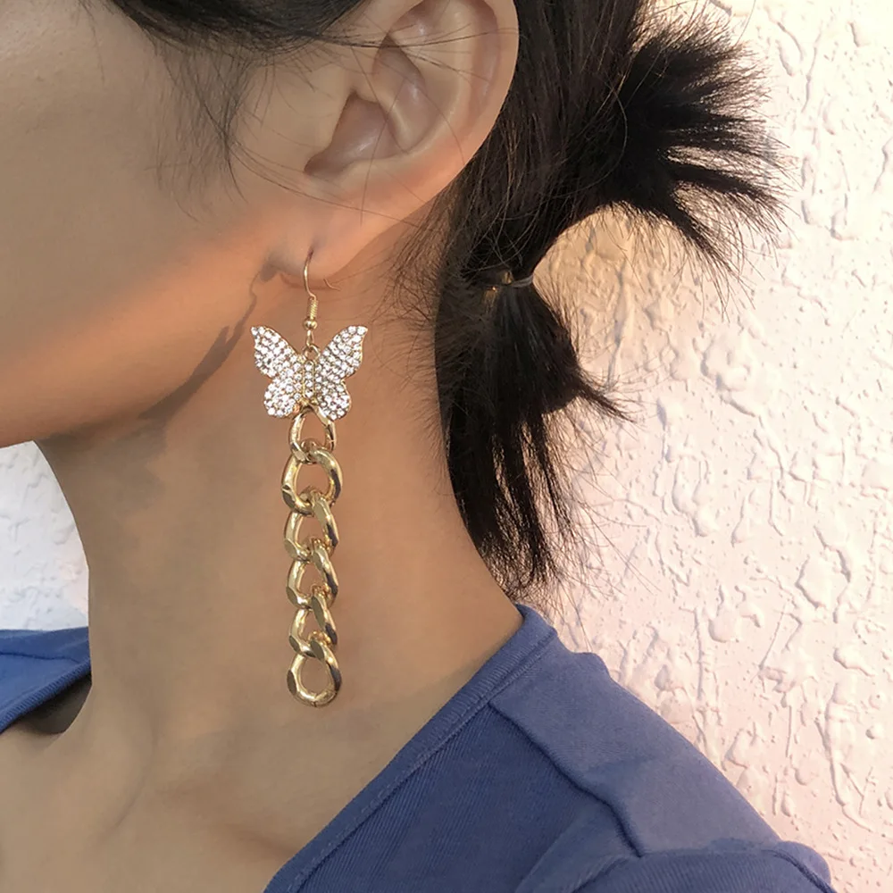 

Earrings 2021 Trend Women's Earrings Pendientes De Mujer Elegant Design Chain Earrings Punk Simple Butterfly Diamond Earrings