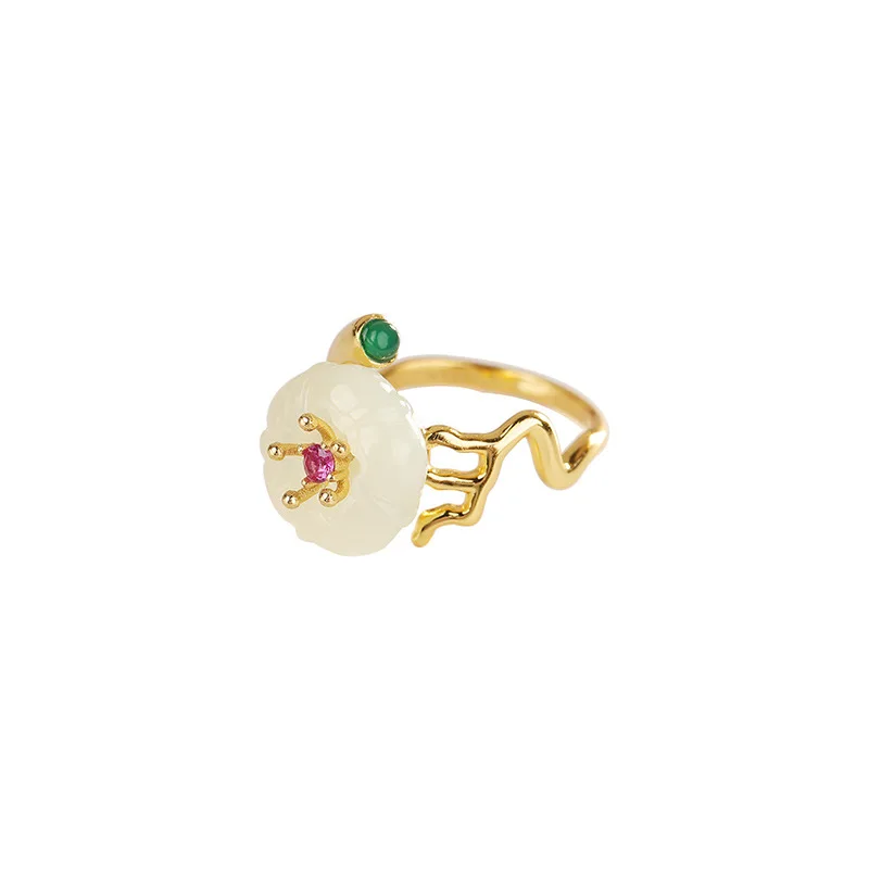 

Leouerry Hetian White Jade Flower Bud Ring 925 Sterling Silver Fashion Open Rings for Women Classical Elegance Luxury Jewelry