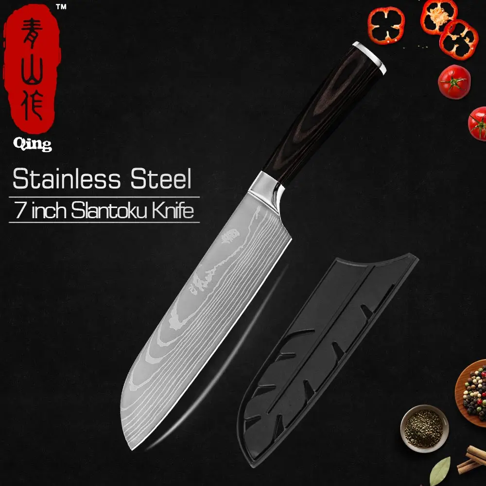 7 inch Santoku Knife Qing Laser дамасский нож для нарезки из нержавеющей стали нож для лосося суши рыбы филе Секач шеф-повара кухонные инструменты для приготовления пищи - Цвет: 7 inch Santoku Knife