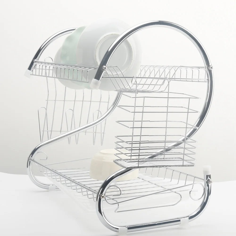 

Iron Stable Home Storage Multifunctional Desktop Organizer Kitchen Silver Double Layer Bowl Dish Drain Rack