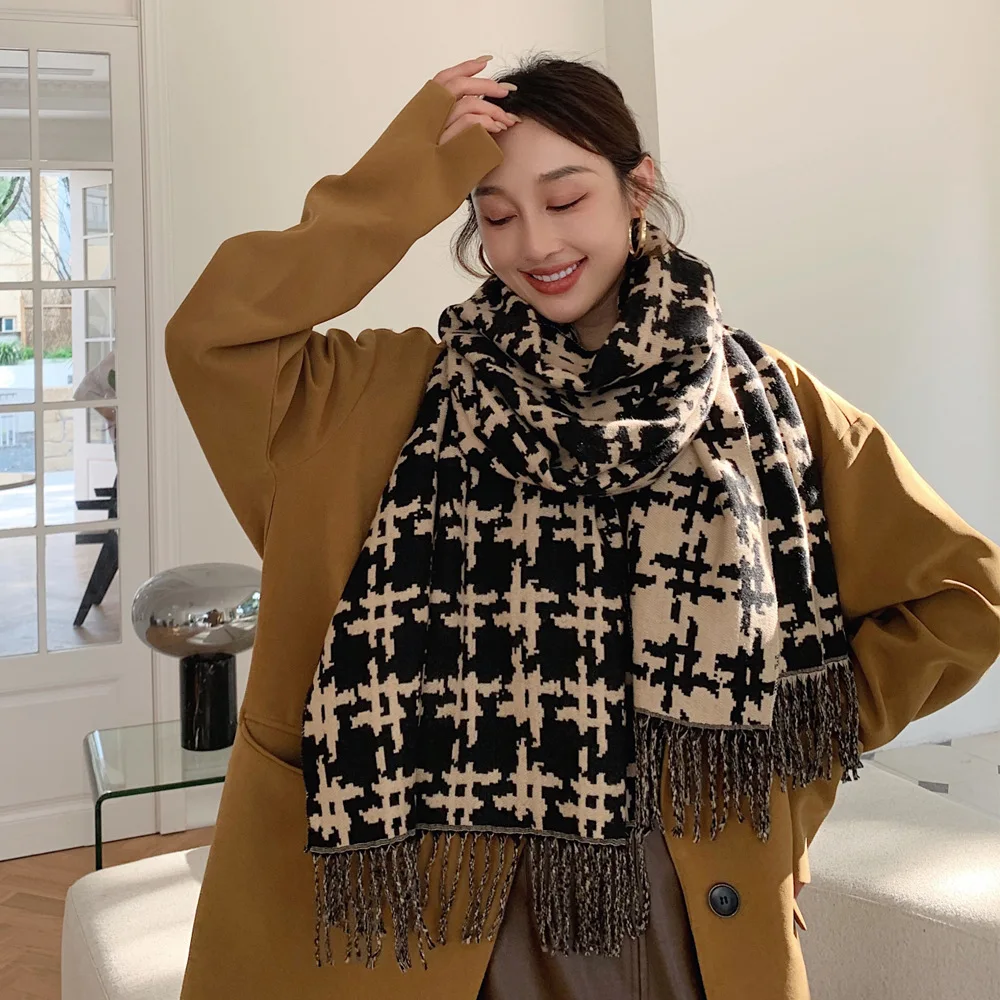 

2021 European autumn winter new imitation cashmere long tassel scarf thickened warm thousand bird lattice cold proof outer shawl