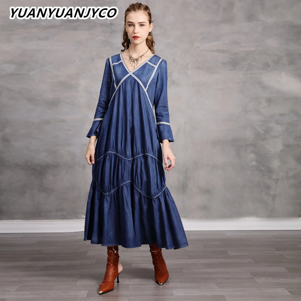 

YUANYUANJYCO Spring Autumn Women Long Indie Folk Denim Dresses LYQ68 Vintage Embroidery Striped Flare Sleeve Loose Maxi Clothes