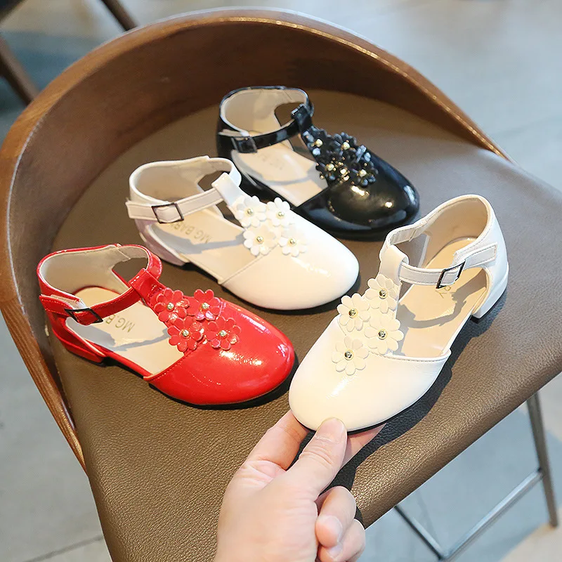 

Girls Leather Shoes Children Flats T-strap With Flowers Sweet Princess Spring Summer Kids Party Dress Shoes For Wedding Princess