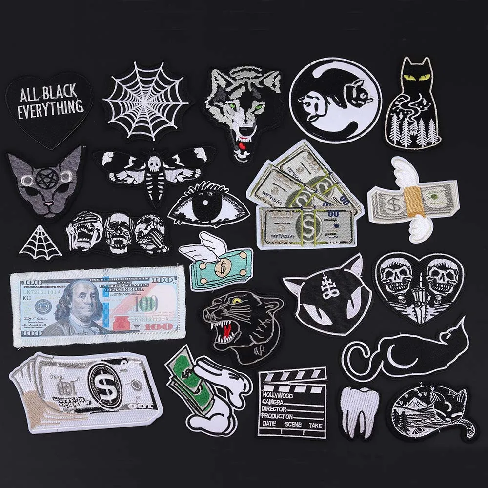 

Black and white Clothe Embroidery Punk Patch Applique Ironing Clothing Sewing Supplies Decorative Badges Patches For Clothing