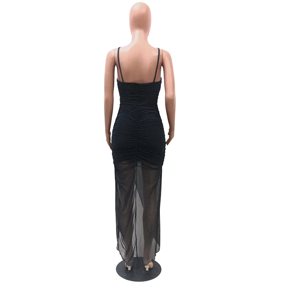 

Women Mesh Draped Bodycon Midi Dress Sexy Club Party Spaghetti Strap High Side Split V-neck Pencil Maxi Dresses 2021 New