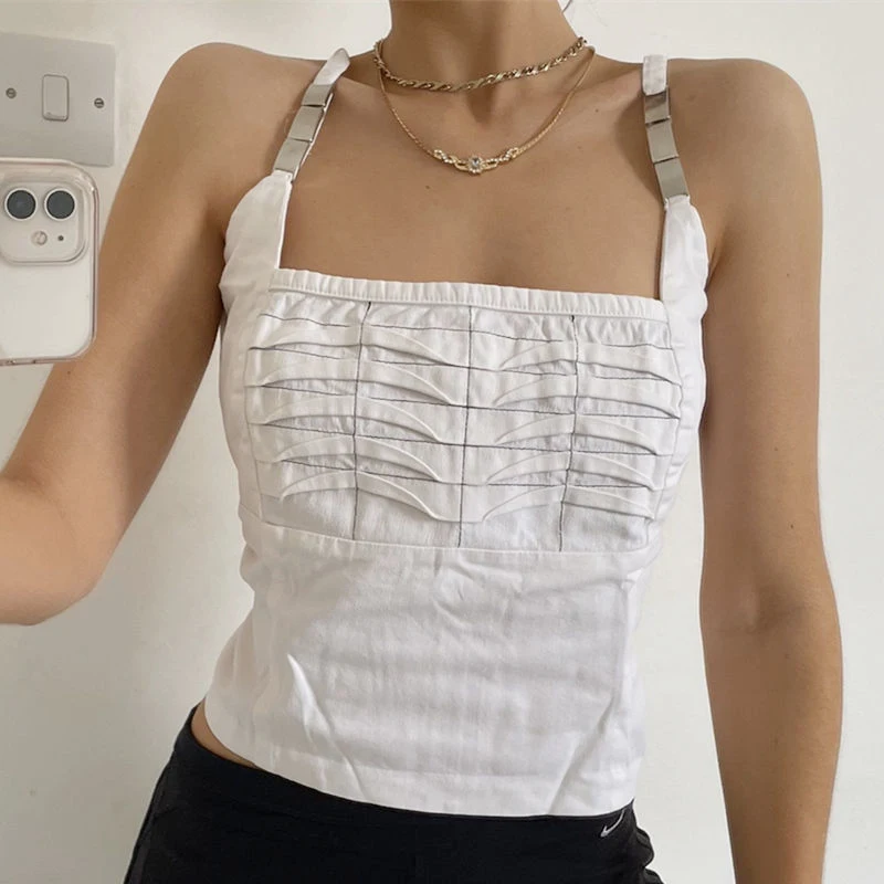 

Punk Metal Strap Sleeveless Slash Neck Sexy Camisole Women White Ruched Backless Summer Y2K Tank Top Female Camis Streetwear