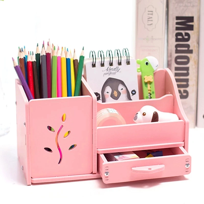 multi function 4 grid desktop pen holder office school stationery storage case wood box desk pen pencil organizer phone holder free global shipping