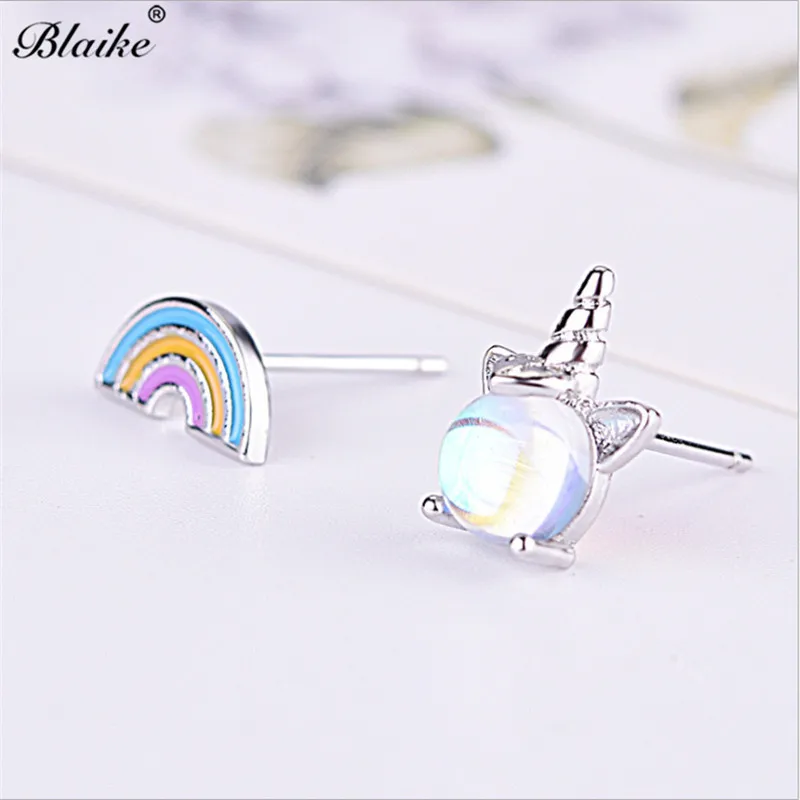 Blaike Серебряный Цвет Радуга Единорог серьги гвоздики лунный камень для женщин