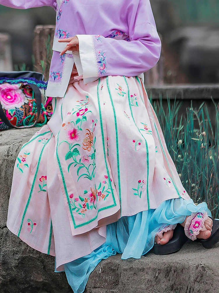 TIYIHAILEY Free Shipping High Quality Long Maxi Elastic Waist Women National Embroidery Spring Autumn Vintage Skirt Cotton Linen