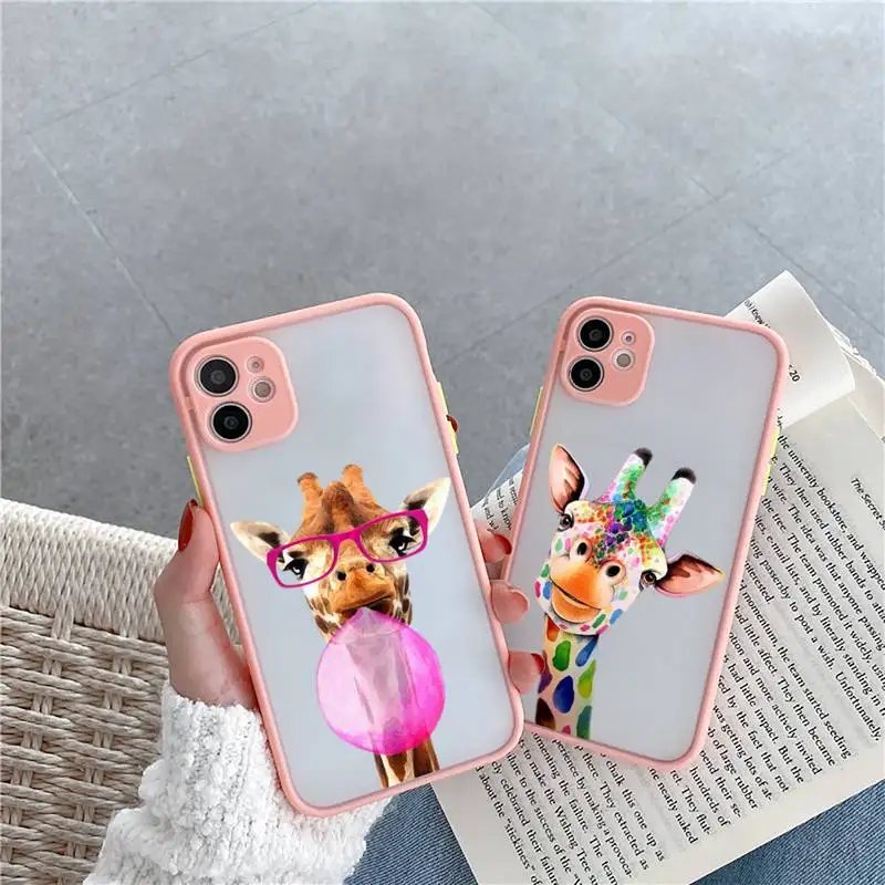 

Cartoon giraffe Phone Case For iPhone 12 11 Mini Pro XR XS Max 7 8 Plus X Matte transparent Pink Cover