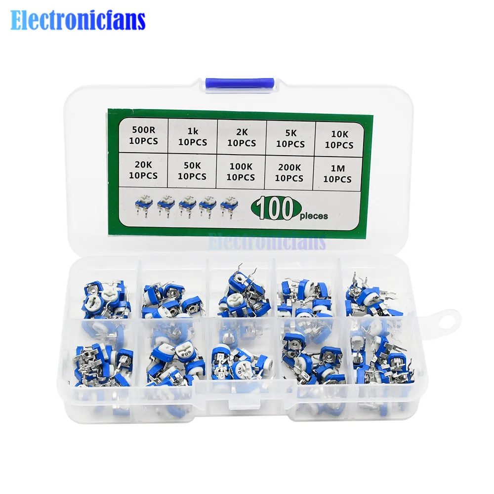 

100Pcs/lot 10 Values RM065 500R 1K 2K 5K 10K 20K 50K 100K 200K 1M Adjustable Resistance Multiturn Trimmer Potentiometer With Box