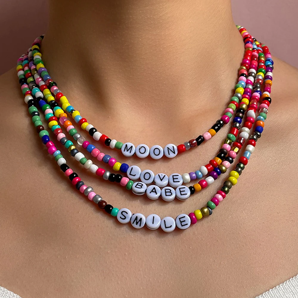 

Handmade Mix Color Letter Rice Beaded Necklace For Women Letters HOPE MOON KISS Clavicle Chain Colorful Acrylic Femme Jewelry