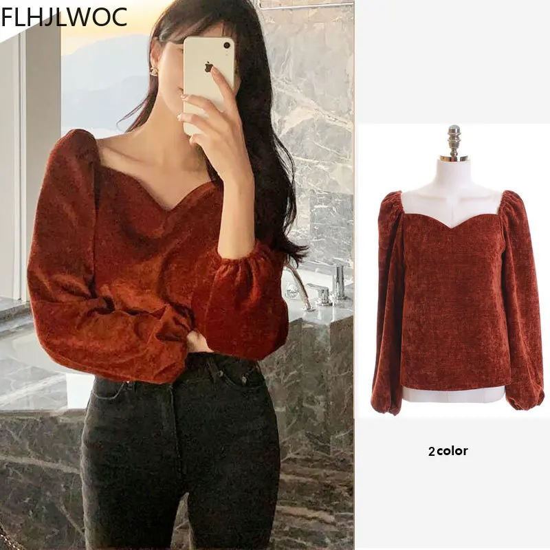 

2021 Spring New Korea Chic Tops Blusas Women Solid Black Red Fashion Office Lady Party Off Shoulder Sexy Velvet Blouse