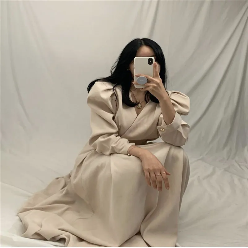 

French Style Chic Simple Solid High Waist Puff Sleeve Vintage Dress for Ladies Elegant Drapped Ankle-length Dress 2020 Autumn
