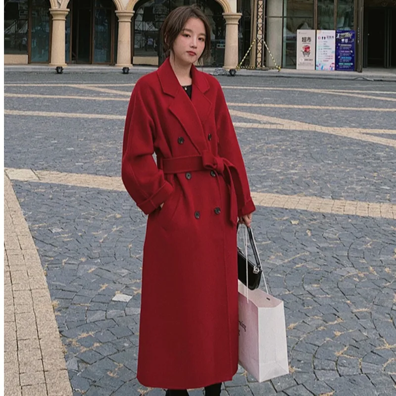 

Korea Women Spring Autumn Black Loose Long Wool Coat Jacket Belt Woolen Overcoat Windbreaker Female Cardigan Outerwear