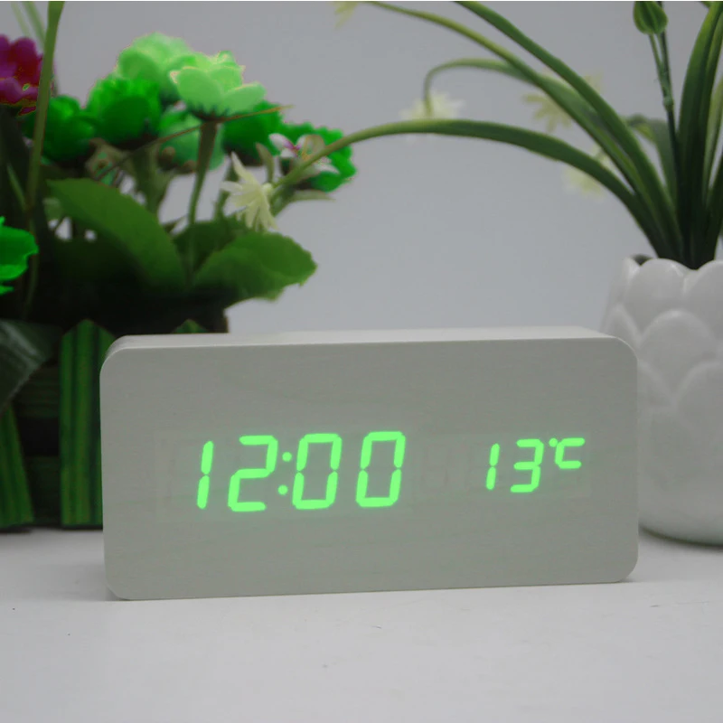D2 Alarm Clock Digital LED Wooden Watch Table Voice Control Wood Despertador Snooze Time Temperature Display Desktop Clocks Gift