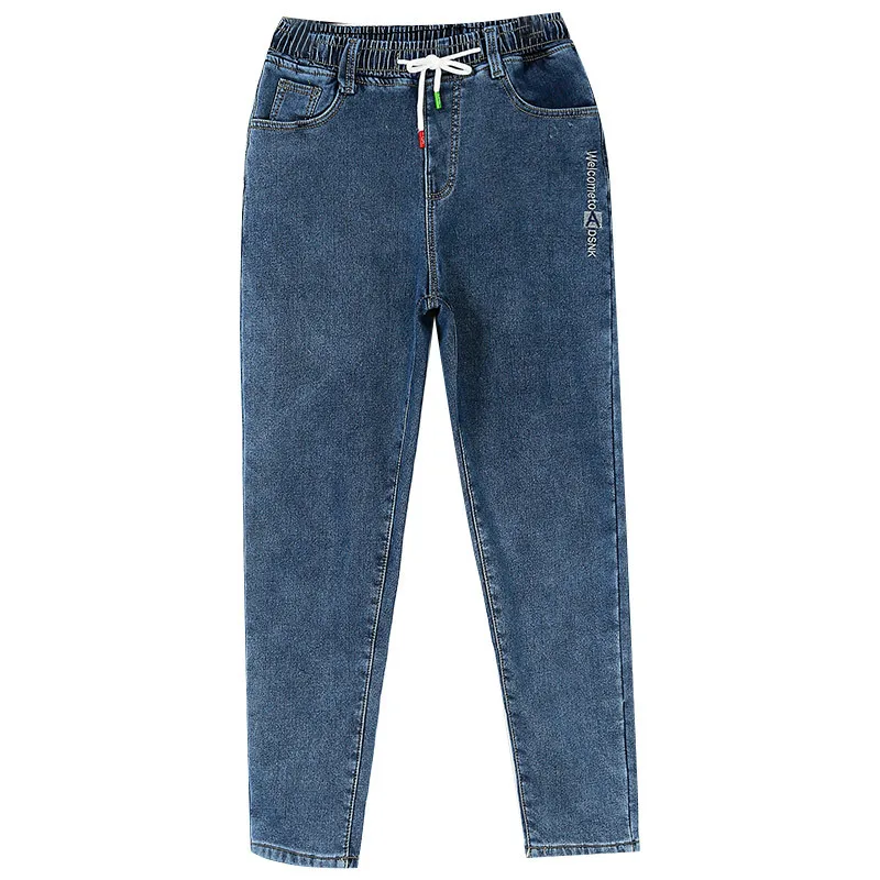 

Elastic waist Plush jeans for women's winter new arrival embroidery thickened Korean cotton jeans casual pants large size M L XL