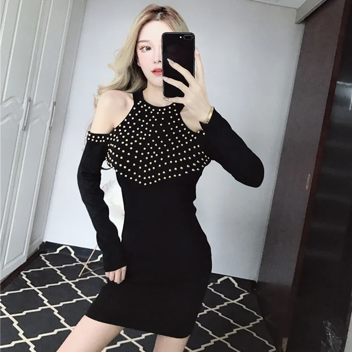 

CMAZ Dress For WomenGegejia Autumn Online Hot Girl Rivet Hollow-out off-Shoulder Halter Knitted Skirt Slim-Fit Sheath Dress for