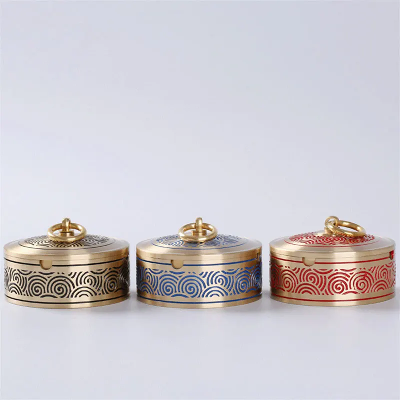 

Brass Moire Ashtray Pure Copper Crafts Chinese Style Incense Burner Multi-use Utensil Ashtray With Lid Office Home Decoration