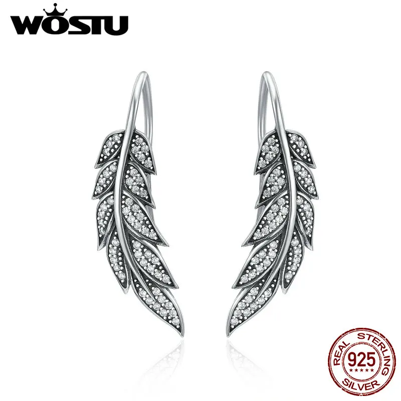 WOSTU-pendientes largos de plata de ley 100% con alas de plumas para mujer, joyería de plata esterlina 925 auténtica, CQE215
