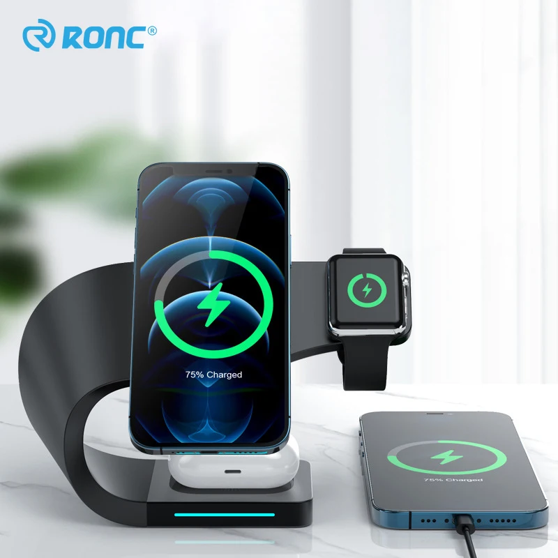 

3 in 1 Magnetic Wireless Charger Stand for Apple Watch iPhone 12 Pro Max Earphones 15W Fast Charging Dock Station Phone Holder