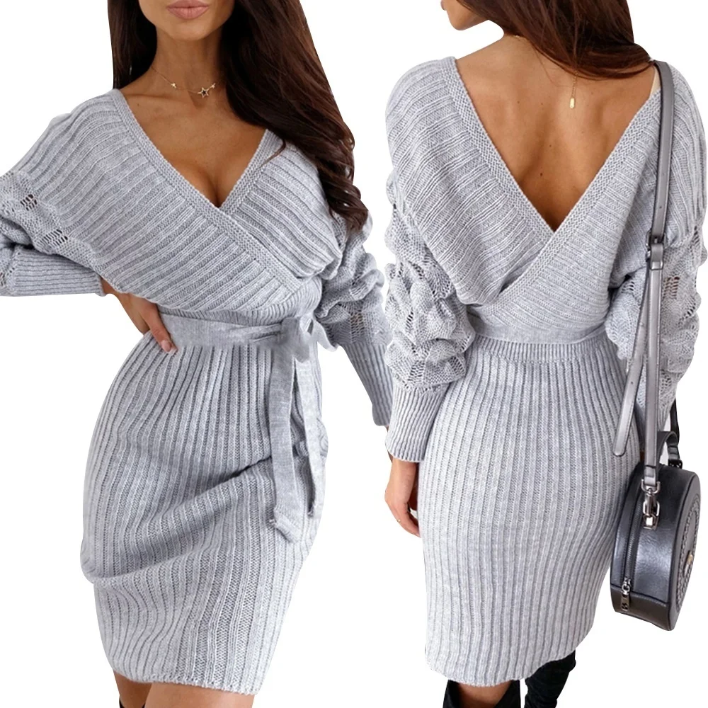 Женская мода с длинным рукавом v-образным вырезом спинки вязаный свитер платье |