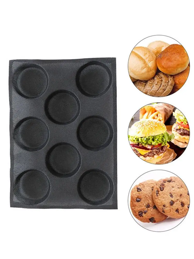 

8-Round Black Glass Fiber Silicone Cake Mold Non-Stick Breathable Hamburger Mold Silicone Baking Pan Durable Bread Baking Mould