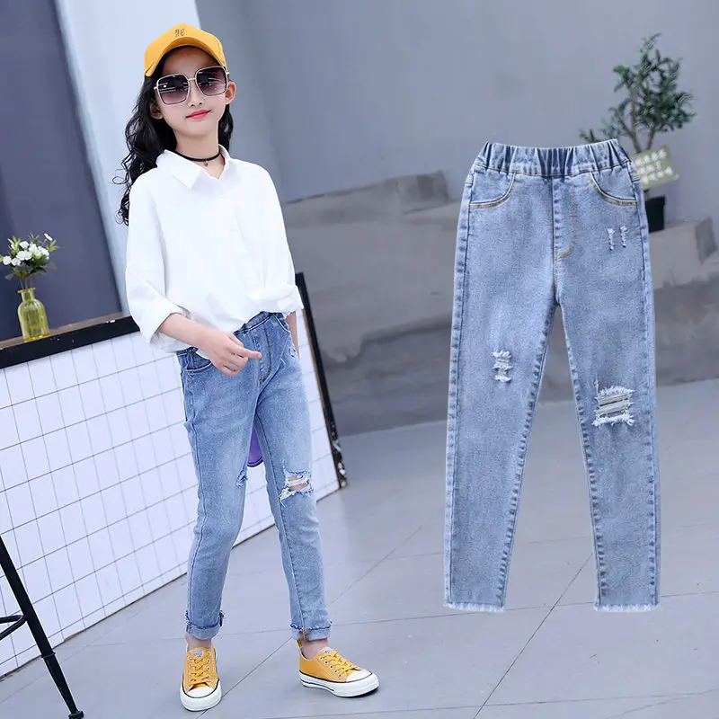 Рваные джинсы для девочек подростков Детские рваные хлопковые джинсовые штаны