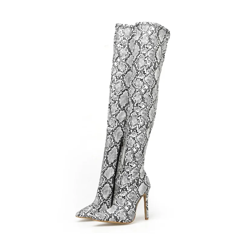 

Ladies Thigh High Boots Snakeskin Pointed Toe Over The Knee Boots Women High Heels Riding Boots Fashion Woman Shoes Goth Boots