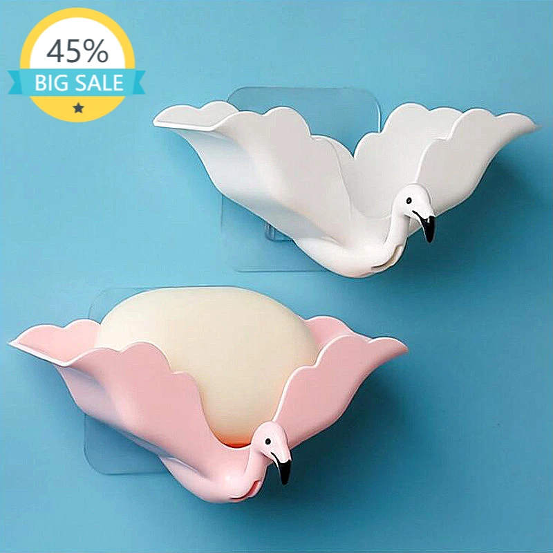 

Flamingo Shaped Soap Holder with Hooks, Easy Dry SoapTray, Easy Cleaning Soap Saver, Extend Soap Life, Powerful Adhesive