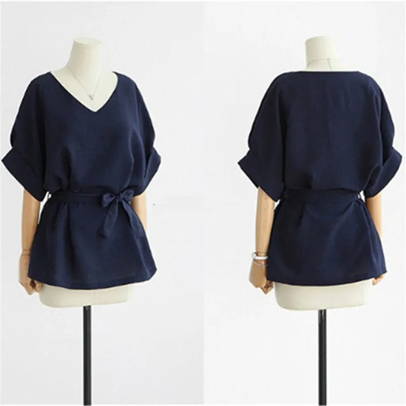 Блузка женская из хлопка и льна с V образным вырезом большим бантом|Блузки| |