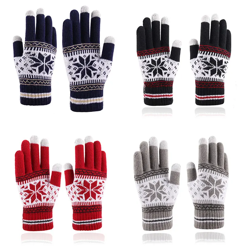 

Women Men Knitted Winter Gloves Full Finger Snowflake Women Autumn Winter Warm Elastic Thick Gloves Touch Screen Skiing Gloves