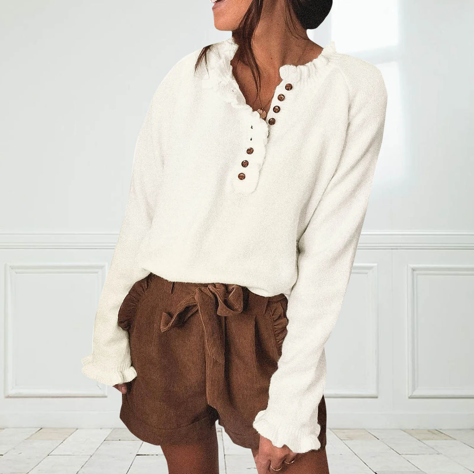 Женские свитера с круглым вырезом повседневный Однотонный свитер рюшами длинным