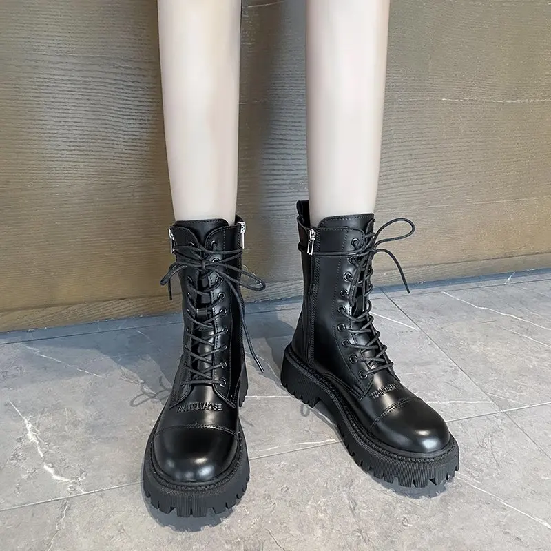 

Women Boot Lace Up Ladies Ankle Boot Female Buckle Strap Black Chunky Sole Pouch Ankle Boots Woman Platform Shoe Fashion Booties