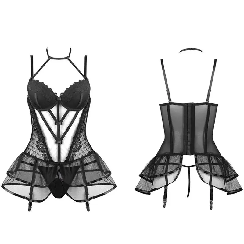 

Women Sexy Sheer Mesh Halter Lingerie Dress Padded Underwire Lace Corset Nightgown Garter Belts Cosplay Nightwear