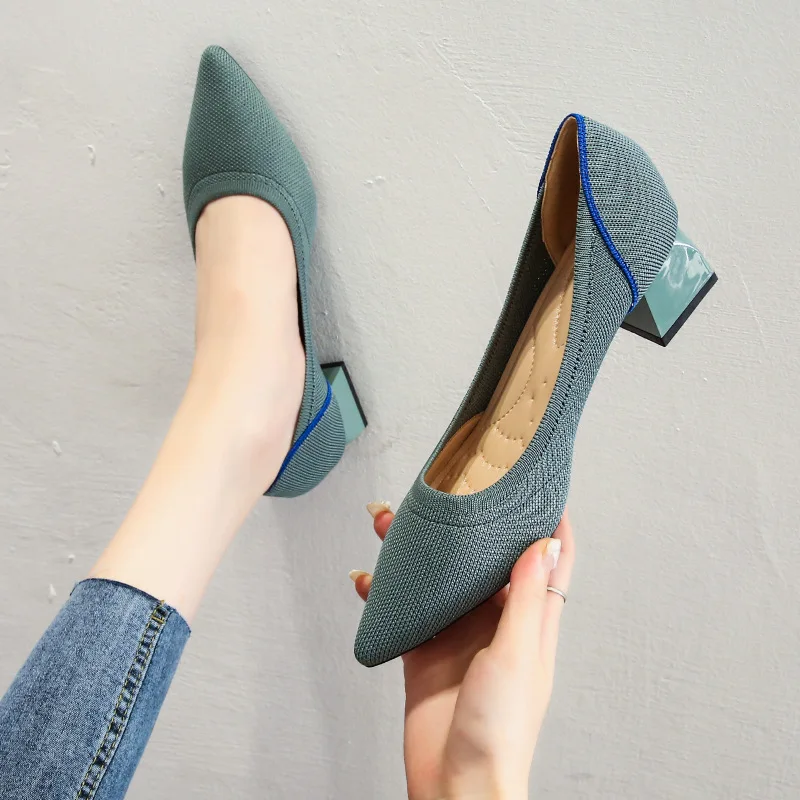 

2021 Lace Heel Women's Low-Heeled Shoes Slip On Shallow Mouth Pointed Pumps Chunky Sandals Sweet Lace-Up All-Match Footwear Late