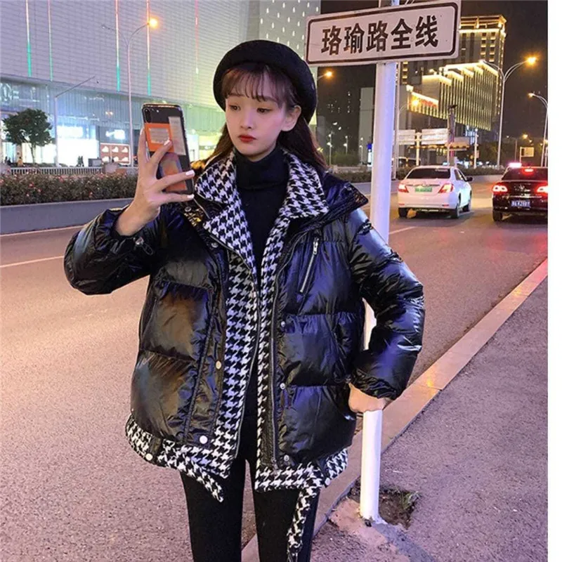 

Woman 2021winter New Fashion Thousand Bird Grid Splicing Bright Cotton Padded Clothes Women's Fake Two-piece Thickened Lazy Wind