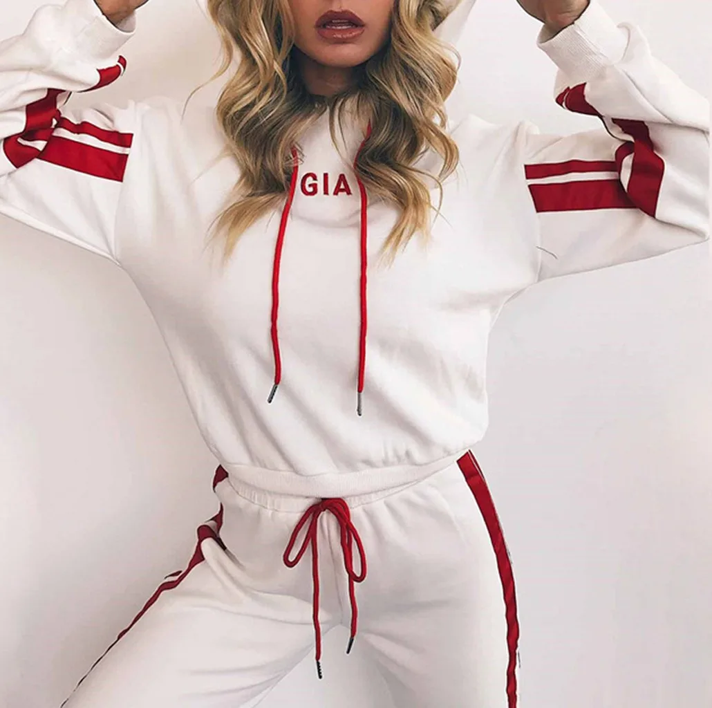 autumn two piece set Women Casual Colorblock Striped Hooded Long Sleeve Crop Tops+long Pants Running Workout Fitness Sports Suit