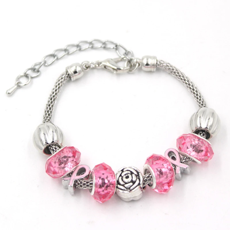

10Pcs/LOT New Arrival Breast Cancer Awareness Jewelry Rose Bead Breast Cancer Pink Ribbon Bracelets for Women Pulser Bijoux