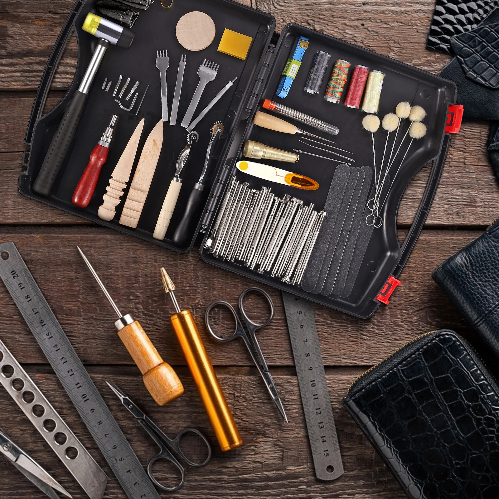 

128PCS Leather Tool Kit Leathercraft Tool Sets With Leather Stamping Tools Rivets Kit Punch For Beginner Leather Craft Making