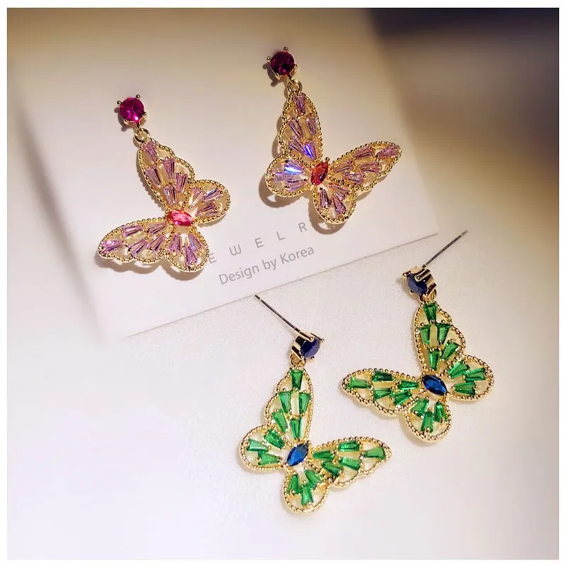 S925 Silver Needles Drop Earrings For Women Green/Pink Cubic Zirconia TButterfly Romantic Fine Jewelry Bridal Wedding Accessory